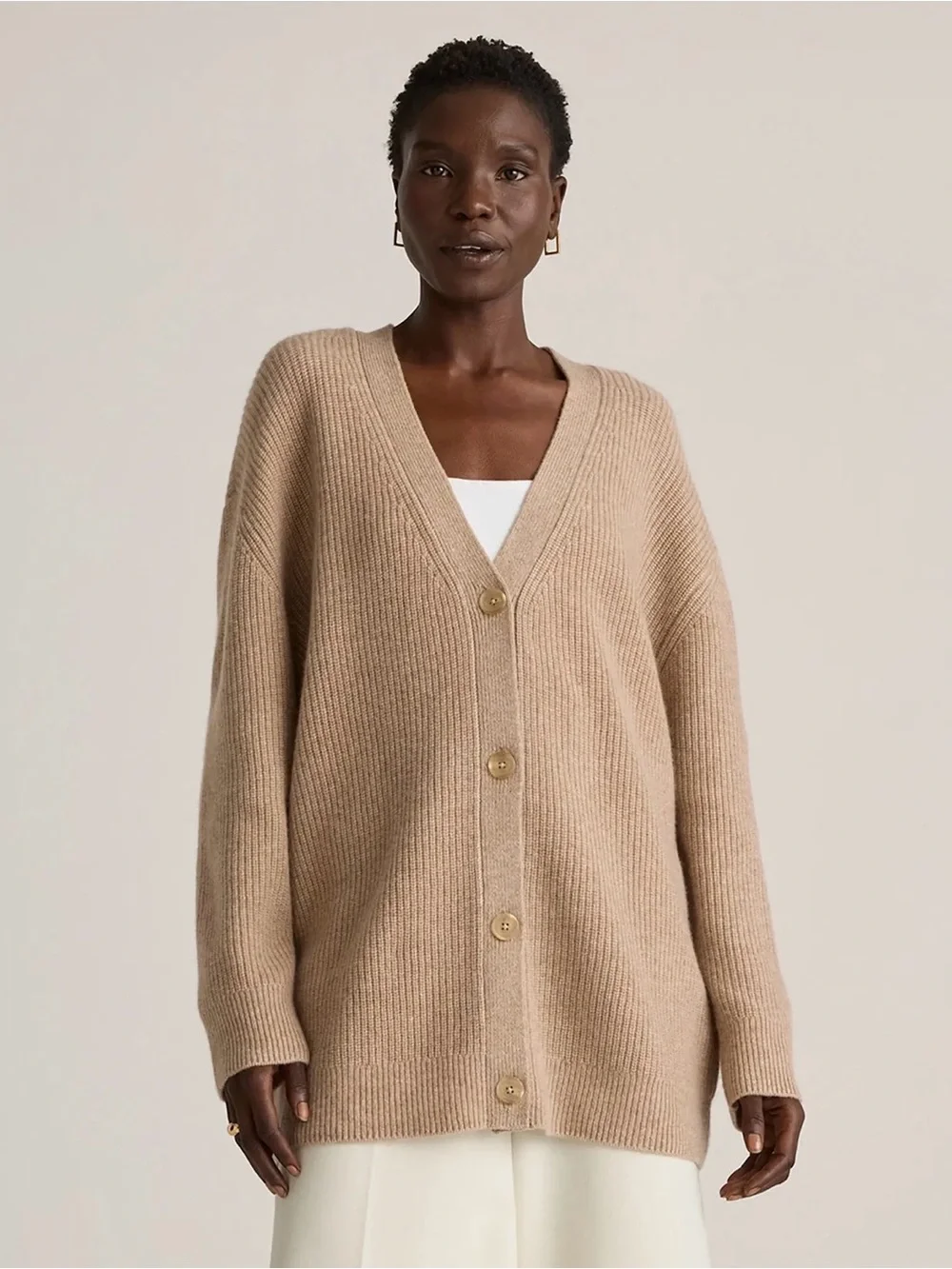 Quince Mongolian Cashmere Oversized Boyfriend Cardigan Sweater, Oatmeal, Small